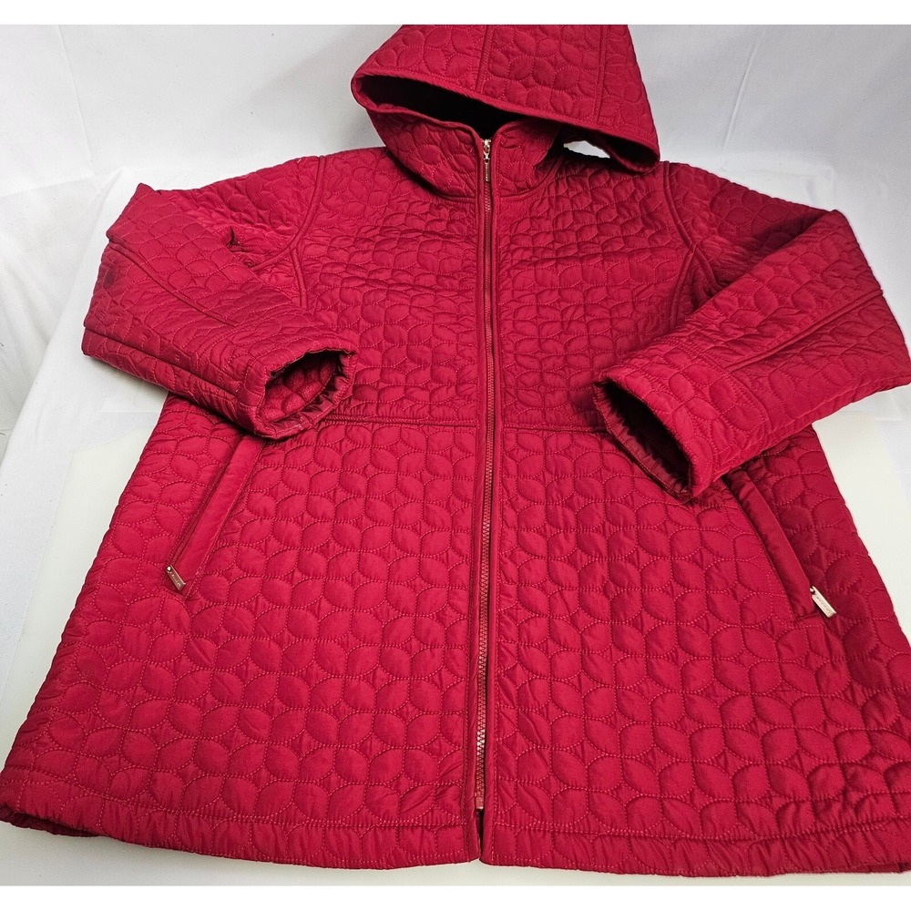 Gallery‎ Hooded Red Quilted Zip Up Jacket Lined Pockets Winter Coat Womens Large